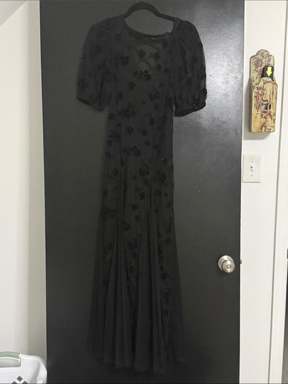 Free People Black Floral-Appliqué Puff-Sleeve Maxi Dress